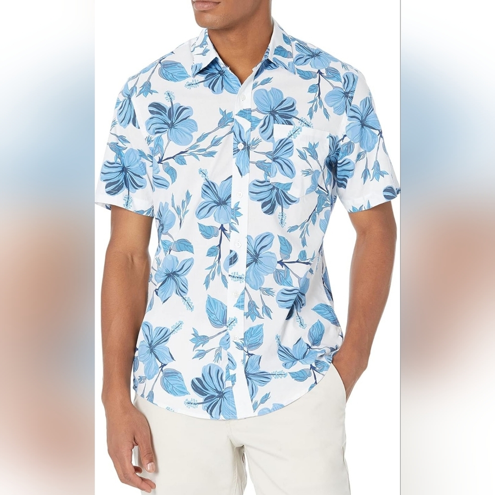 Amazon Essentials Slim-Fit Blue Floral Short Sleeve Button Down Shirt EUC XS